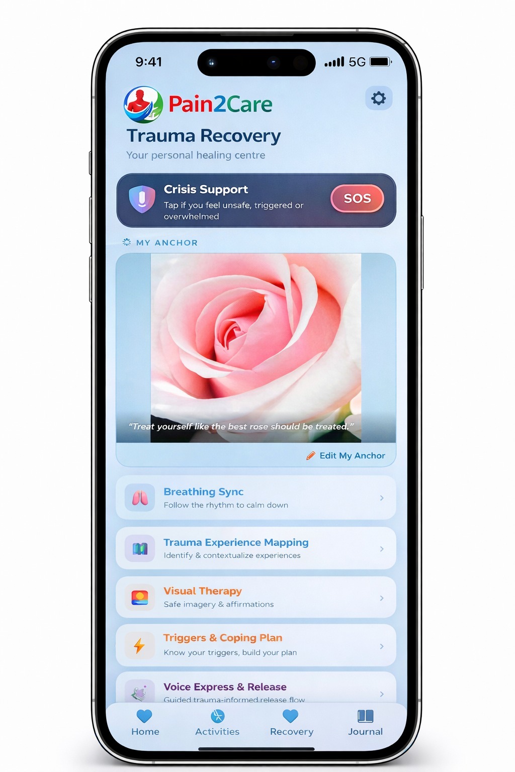Pain2Care Trauma Recovery app shown on a phone with a calming rose anchor
